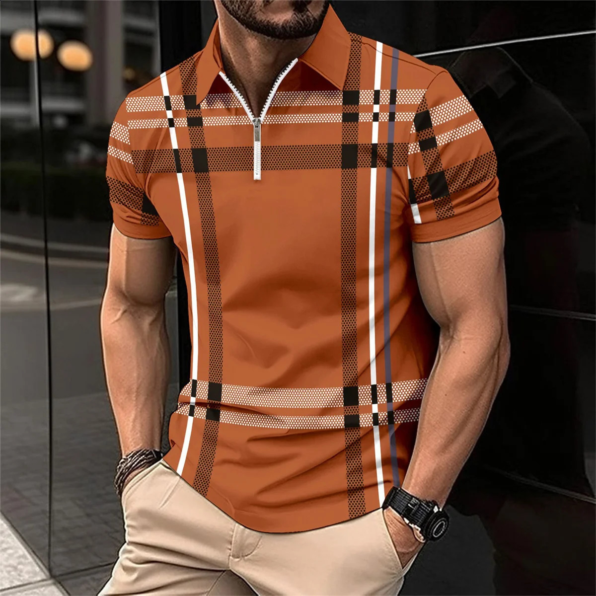 Summer Mens Flip Collar Zipper Short Sleeve Business and Leisure Street Stripe Printed Comfortable Polo Shirt 241203
