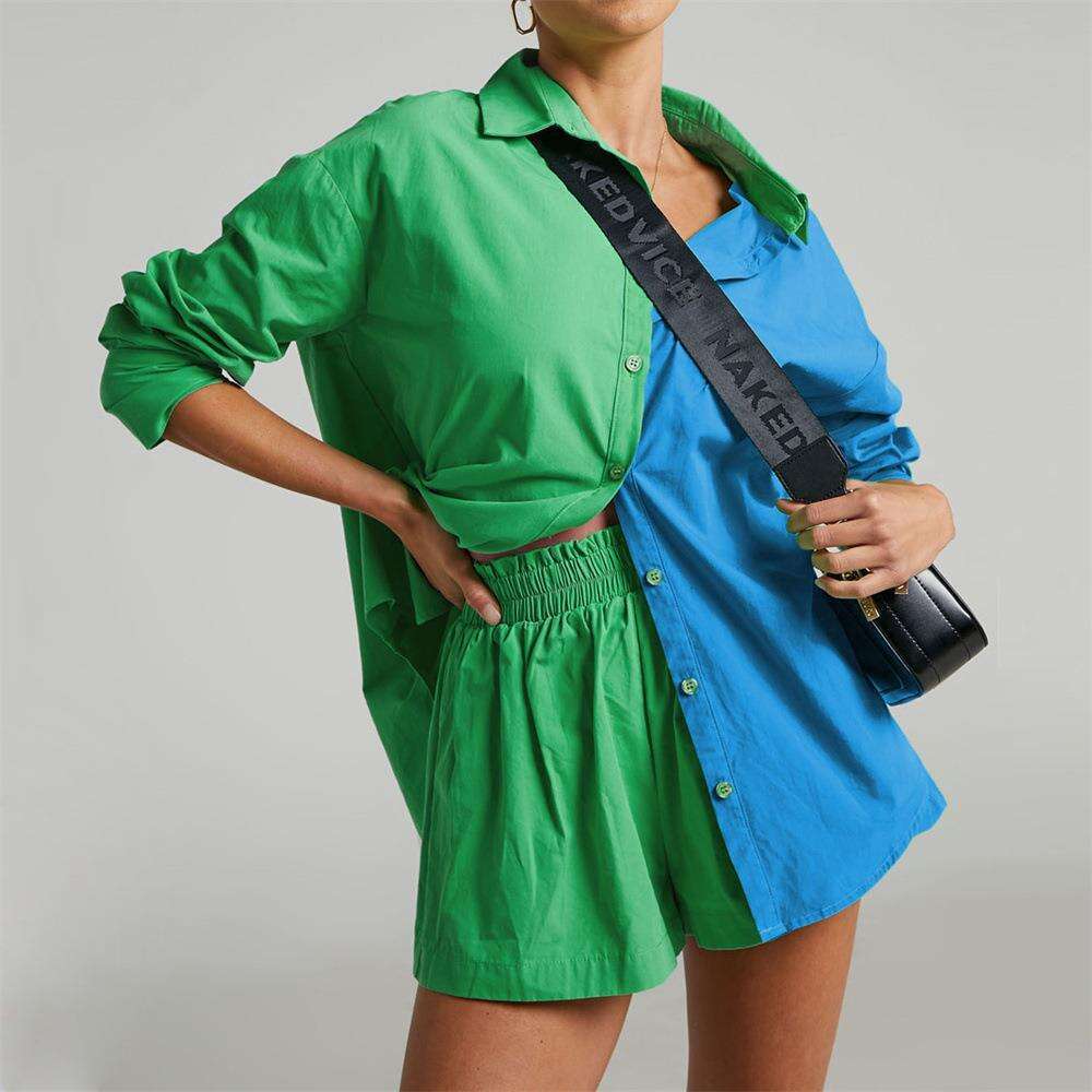 2023 Spring New Women's Casual Fashion Solid Color Long Sleeve Single breasted Shorts Two Piece Set
