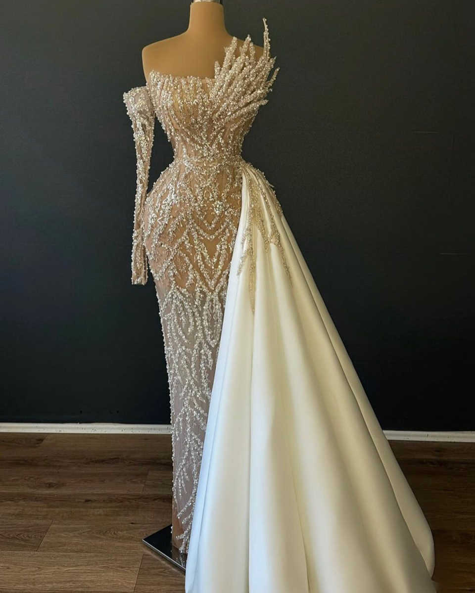 Designer Evening Dresses For Women One Shoulder Long Sleeves Gown Sequins Beaded Sweep Train Customized Dress Party Prom