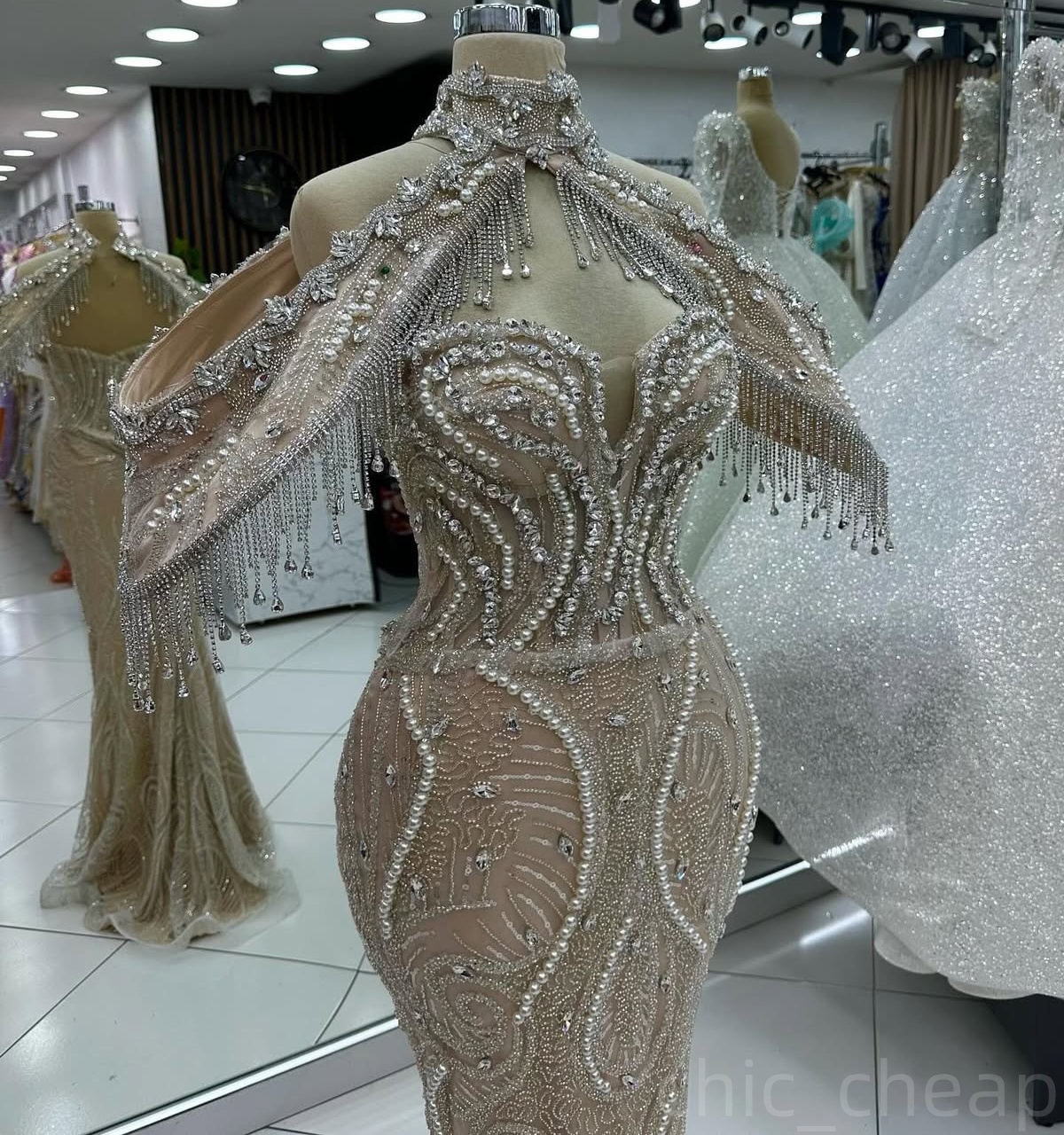 Champagne Illusion Mermaid Prom Dresses 2024 Pearls Crystals Sequined Evening Formal Party Second Birthday Engagement Gowns Plus Size Dress For Specia