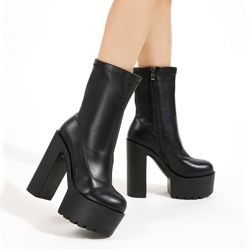 SZIE 43 Winter Chunky High Heels Platform Ankle Women Boots Stretch Fabric Round Toe Zipper Female Shoes