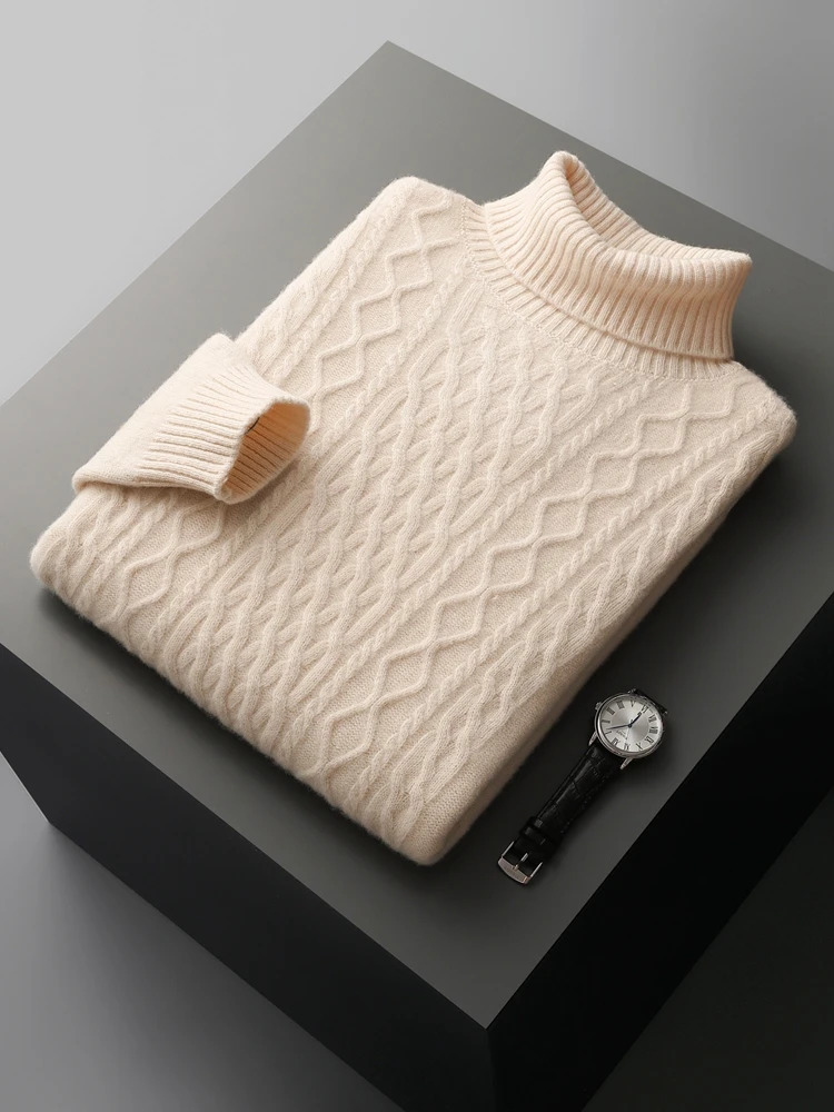 Qiku Mens Turtle Neck Cashmere Sweater Autumn Thick Pulled 100% Merino Wool Knitted Cable Knitted Warm Casual Top 241202 - view 6