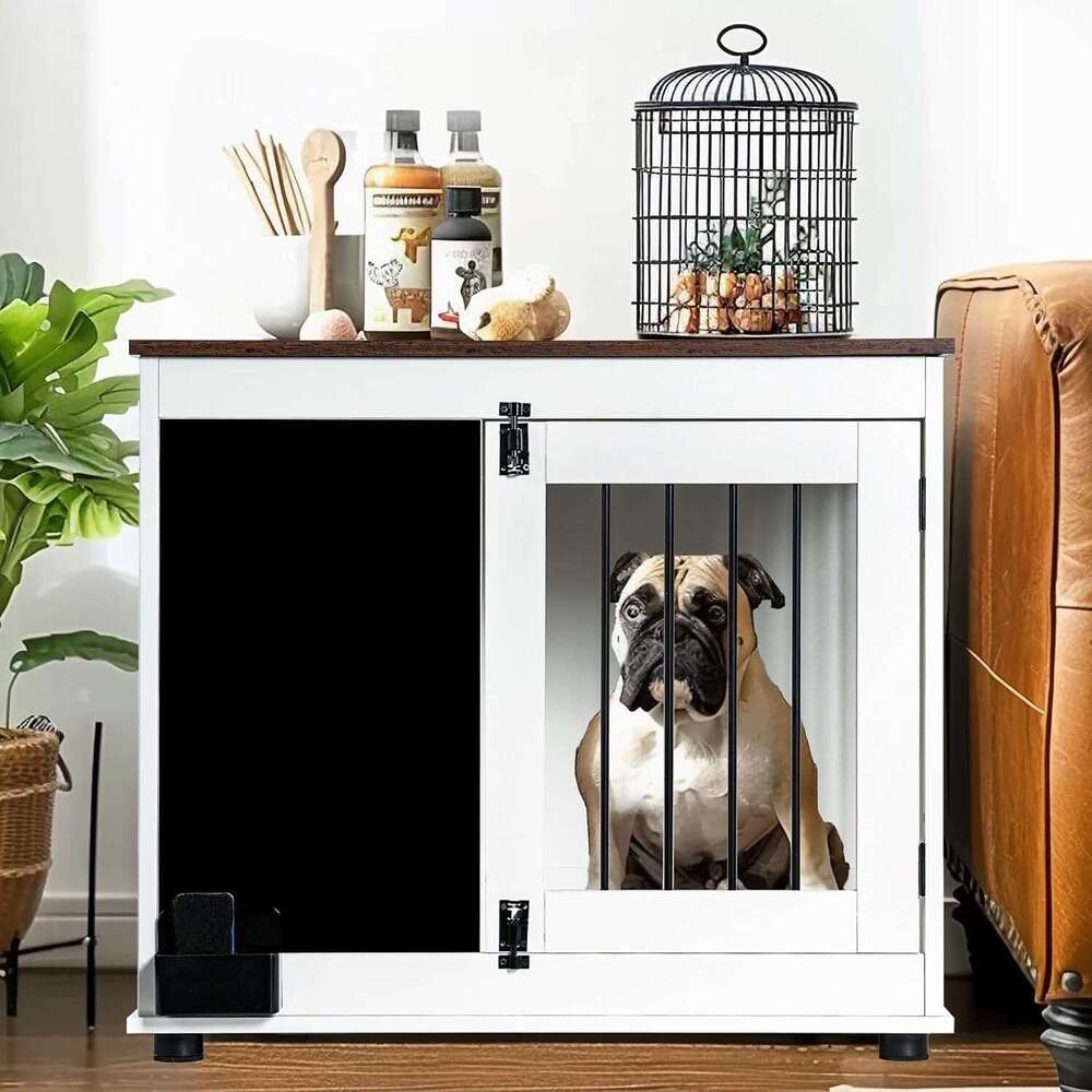 US STOCK DEJUUAN Wood with Graffiti Board Double Doors and Chewable Indoor Dog Crate for Be Used as TV Display Stand, Side Table, White