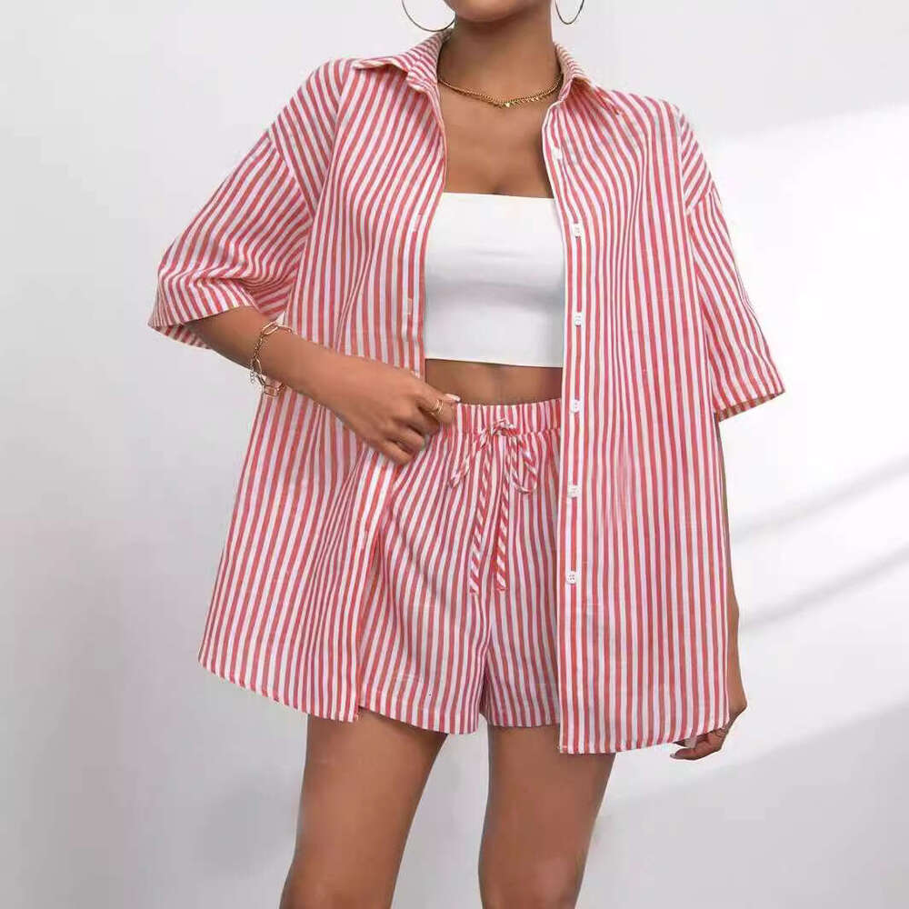 Fashion suit women's 2024 summer collar casual striped short sleeved pants, two pieces