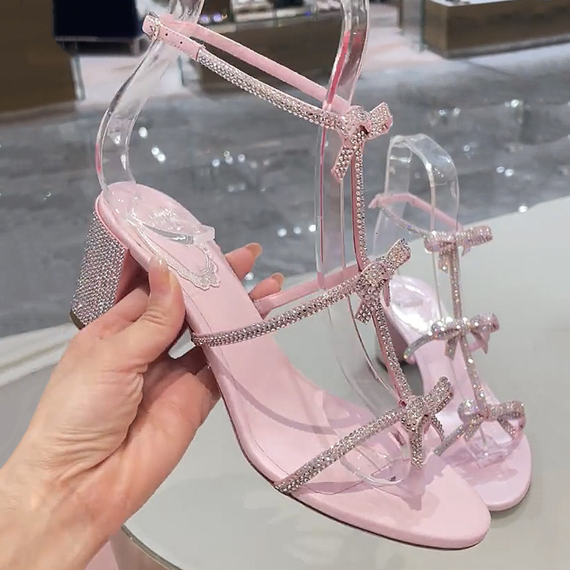 2024 Summer New RC Same Style Straw High Heels, Color Contrasting Water Diamond Butterfly Dew Toe Sandals, Women's Coarse Heels