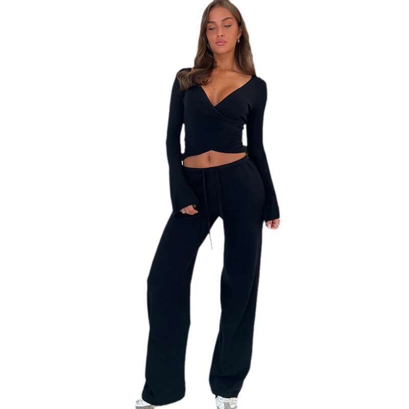 2024 Autumn Solid Color Plush Basic Strap Long Sleeve Top High Waist Drawstring Straight Leg Pants Casual Comfort Set