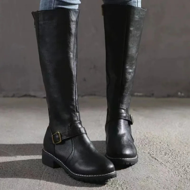 2025 PU Leather Women Long High Boots Riding Casual Buckle Zipper Autumn Platform Winter Low-heeled Black Brown Retro Shoes 241202