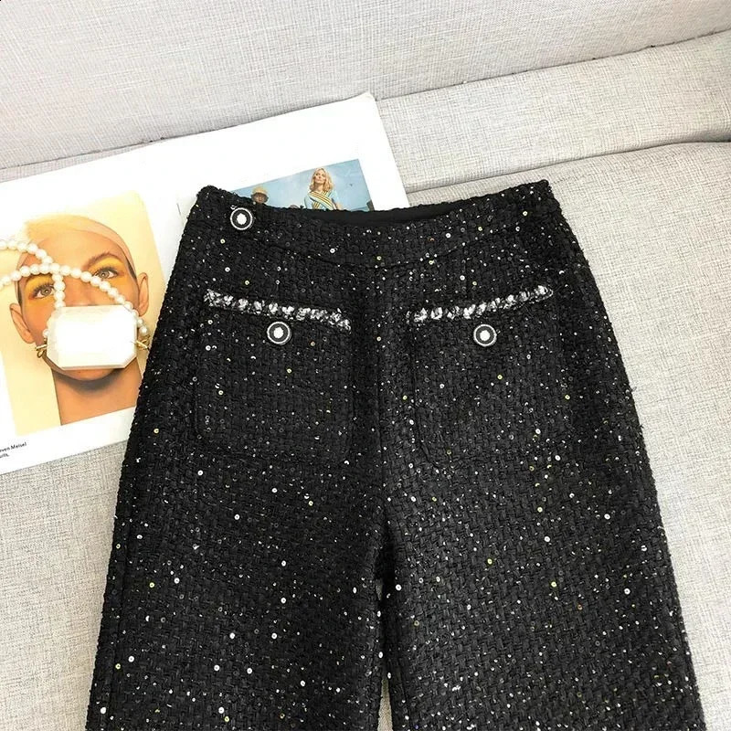 Temperament High Waist Slim Straight Wide Leg Pants Pantalones Mujer Black Tweed Cargo Sweatpants 241203 - view 3