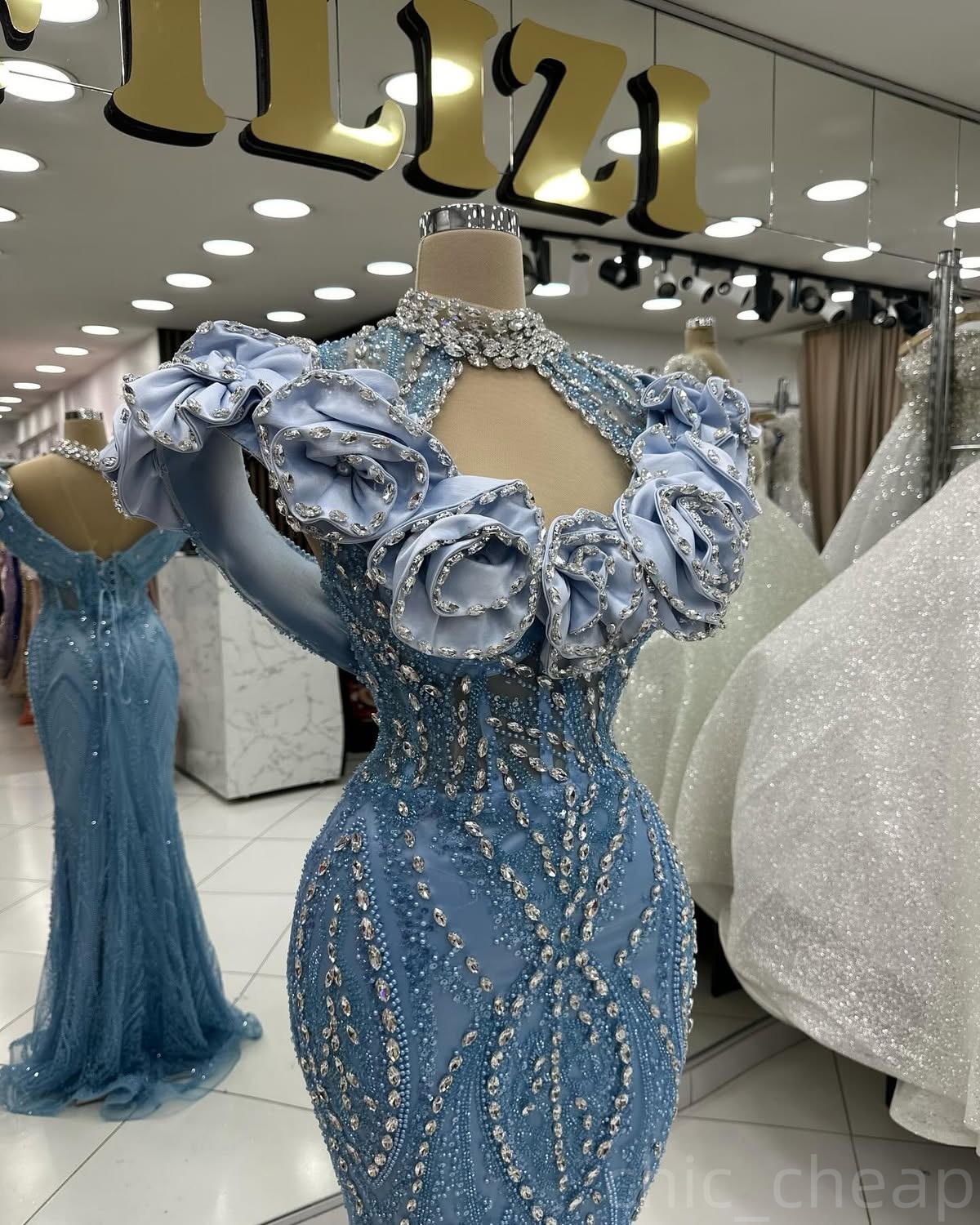 Light Sky Blue Mermaid Prom Dresses 2024 Crystals Flowers Lace Evening Formal Party Second Birthday Engagement Gowns Plus Size Dress For Special Occas
