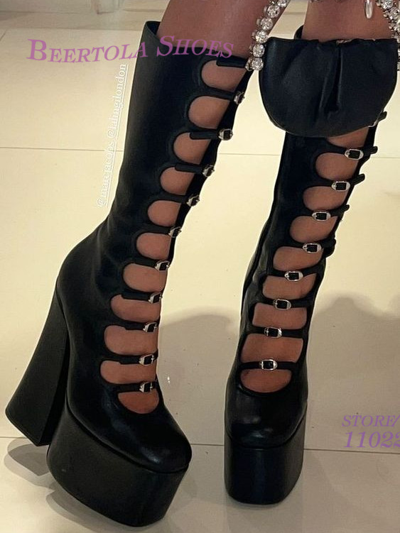 Pole Girls Bright Black Leather Pink Satin Platform Buckle Boots Sexy Hollow Chunky Heel Bg Purple Straps Elegant Zipper Shoe