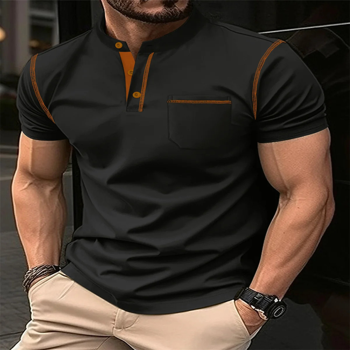 Summer mens fashionable outdoor sports casual style solid color stand up collar splicing work pocket loose short sleeved polo shirt 241203