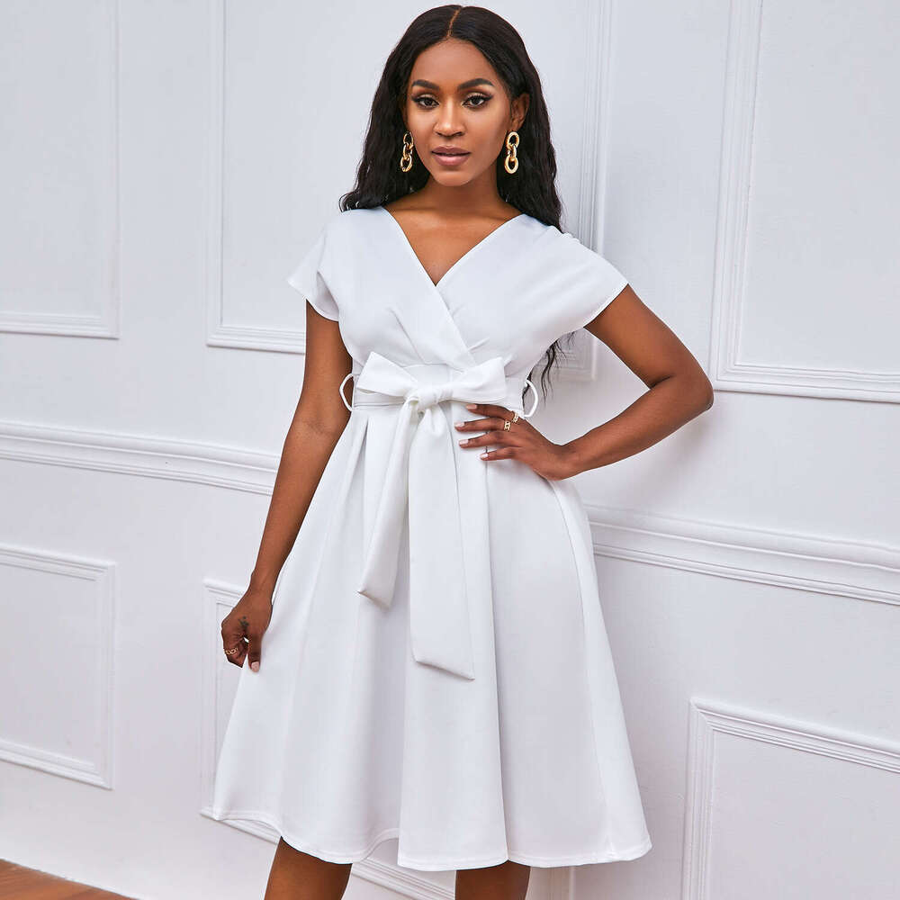 Summer V-neck solid color waistband bow tie large hem formal dress