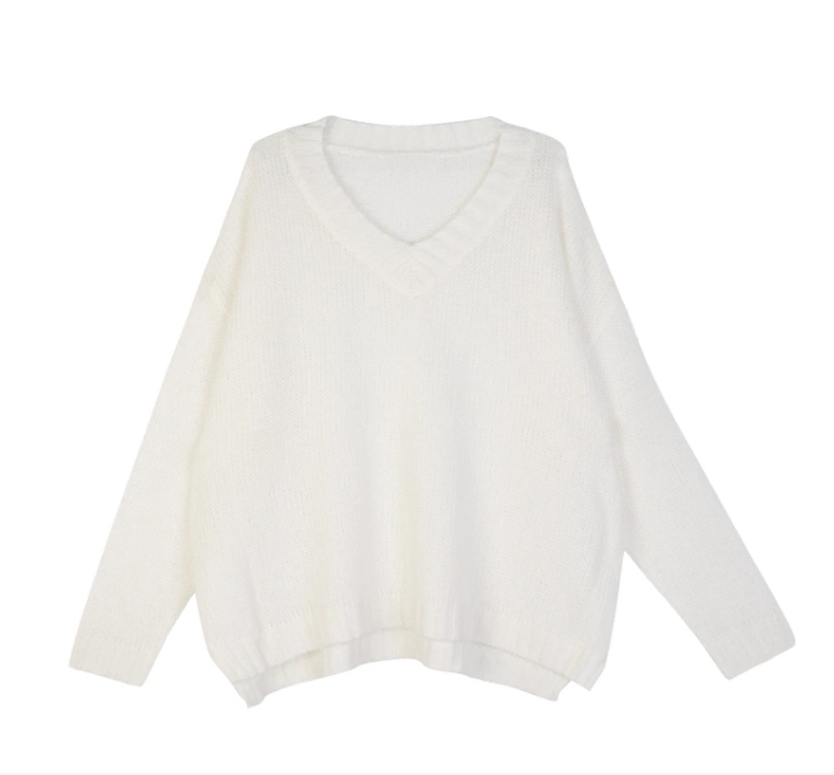 Women's Sweaters Autumn Warm Sweater Pullover With Big V-neck Simple And Loose Straight Tube Lazy Mohair Knitted Split Top