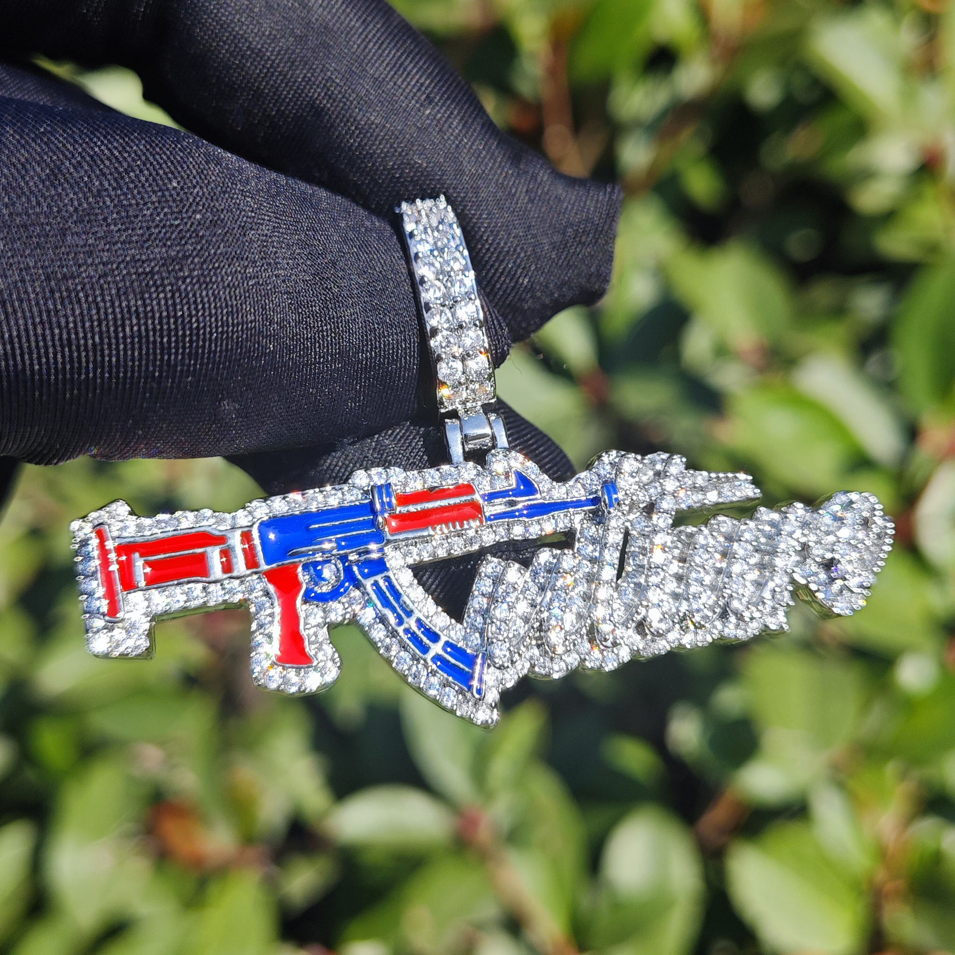 Hip Hop AK47 Gun Pendant Necklace 18K Gold Plated Colorful 5A Cubic Zirconia Rap Jewelry
