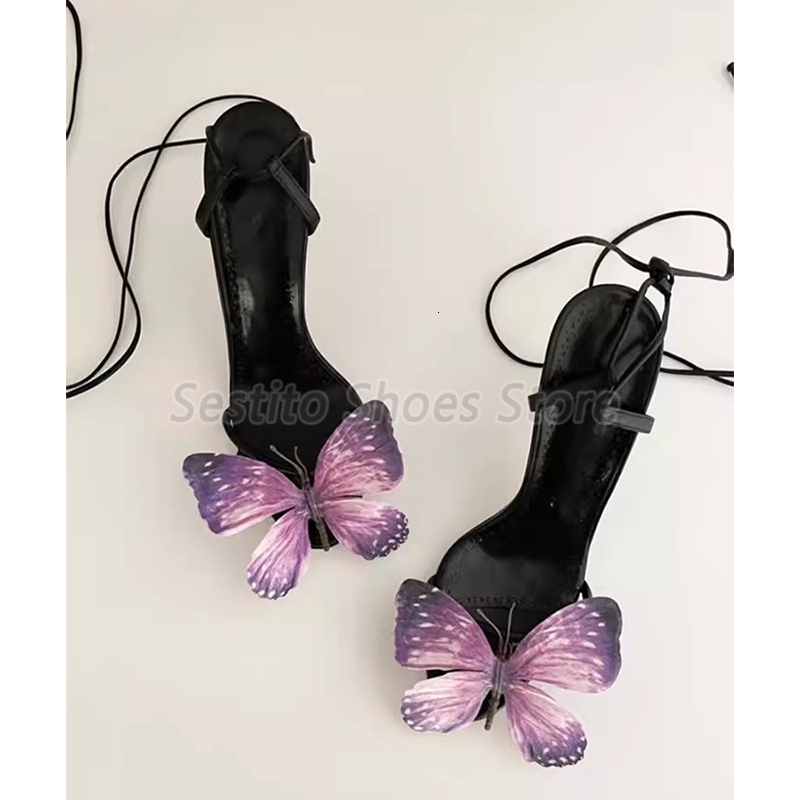 Retro Green Butterfly High Heels For Women Summer New Peep Toe Ankle Strap Sandals Elegant Ladies Lace Up Stiletto Party Shoes