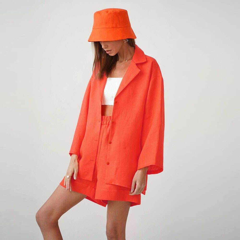 Cotton and linen shorts set, women's loose collared single breasted shirt+high waisted straight leg pants fashion set