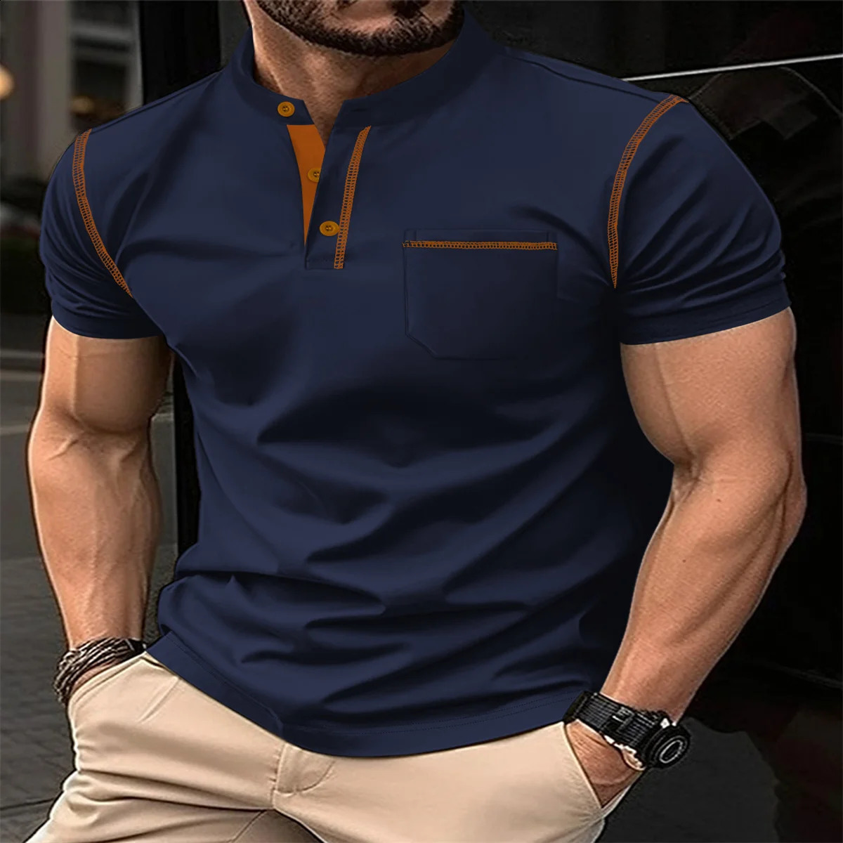 Summer mens fashionable outdoor sports casual style solid color stand up collar splicing work pocket loose short sleeved polo shirt 241203