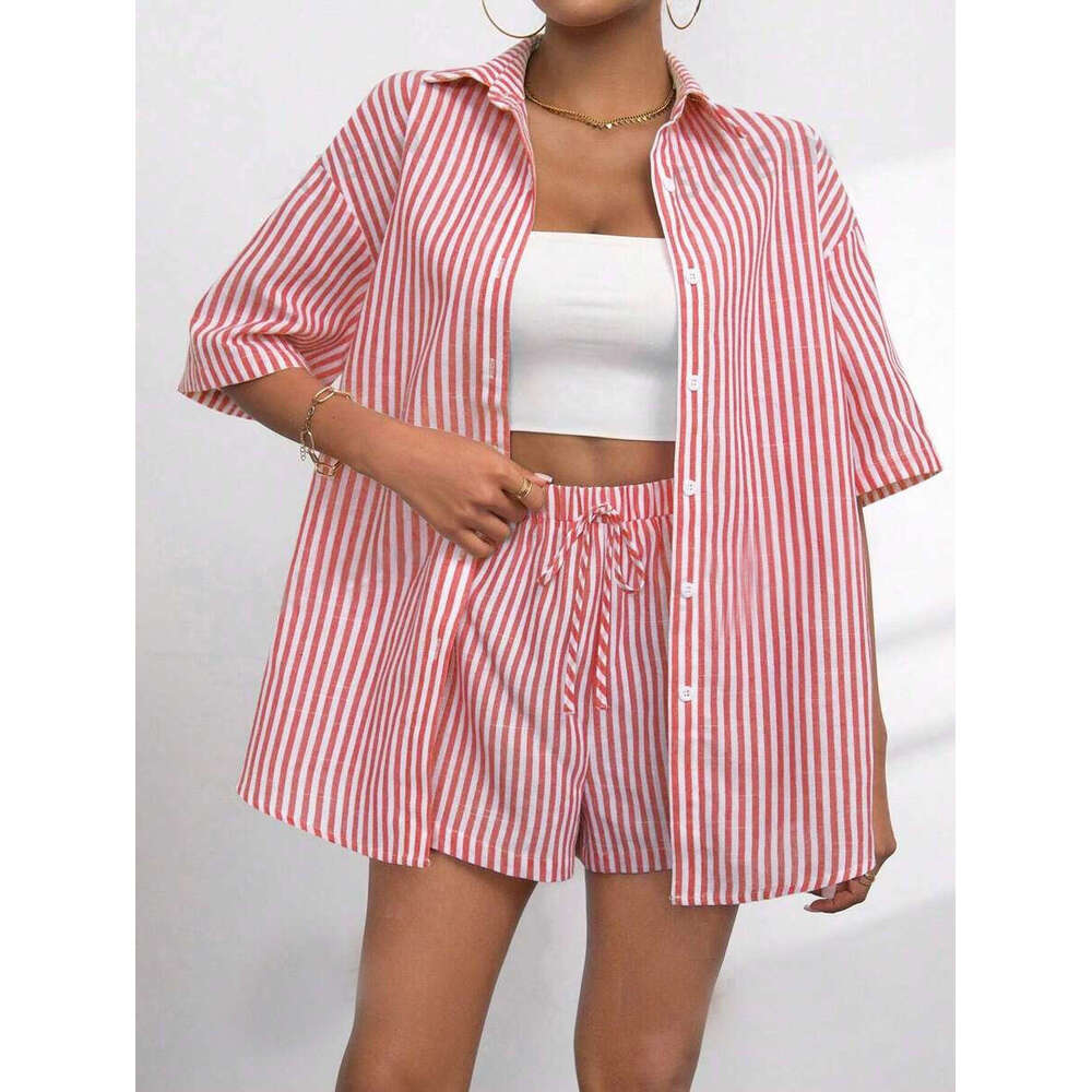 Fashion suit women's 2024 summer collar casual striped short sleeved pants, two pieces