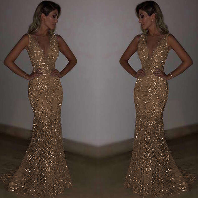 Spring/Summer European and American Women's Sleeveless V-neck Long with Gold Splashing Perspective Dress 2024 Versatile New Trendy Clothing Ins