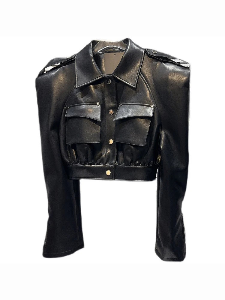 DEAT Streetwear Pocket PU Leather Black Coat For Women Long Sleeve Single Breasted Lapel Jacket 2024 Spring Female 11XX5280 241202