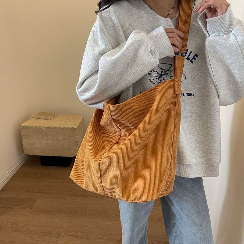 Large capacity fashionable simple artistic versatile trend crossbody shoulder bag corduroy solid color tote bag 241203