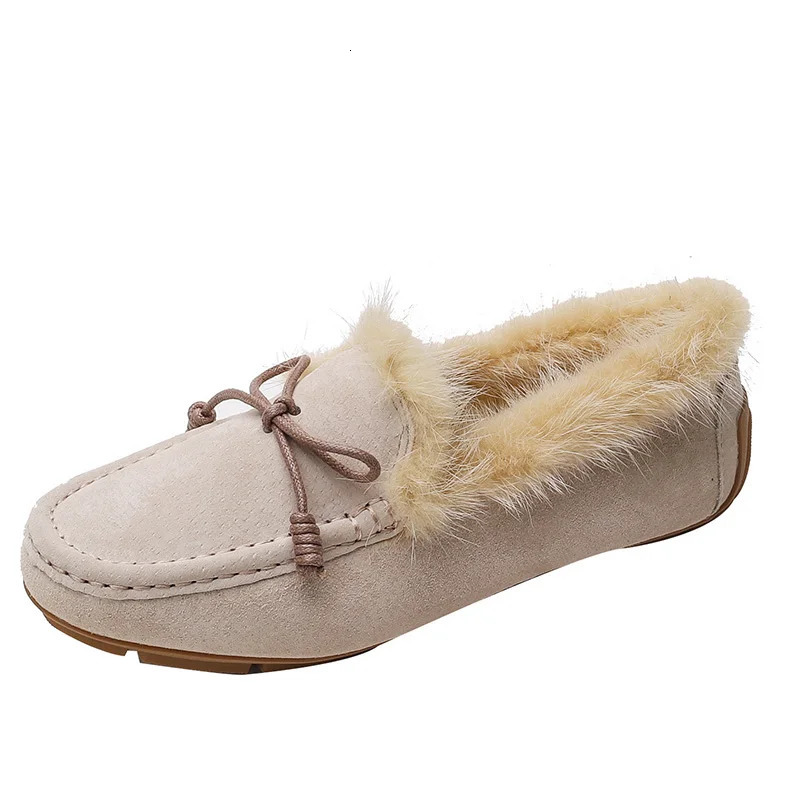 Classic Bowtie Mocasines Woman Mink Fur Flats Genuine Leather Shoes Ladies Winter Furry Boots Warm Plush Cotton Loafers Femmes 241202