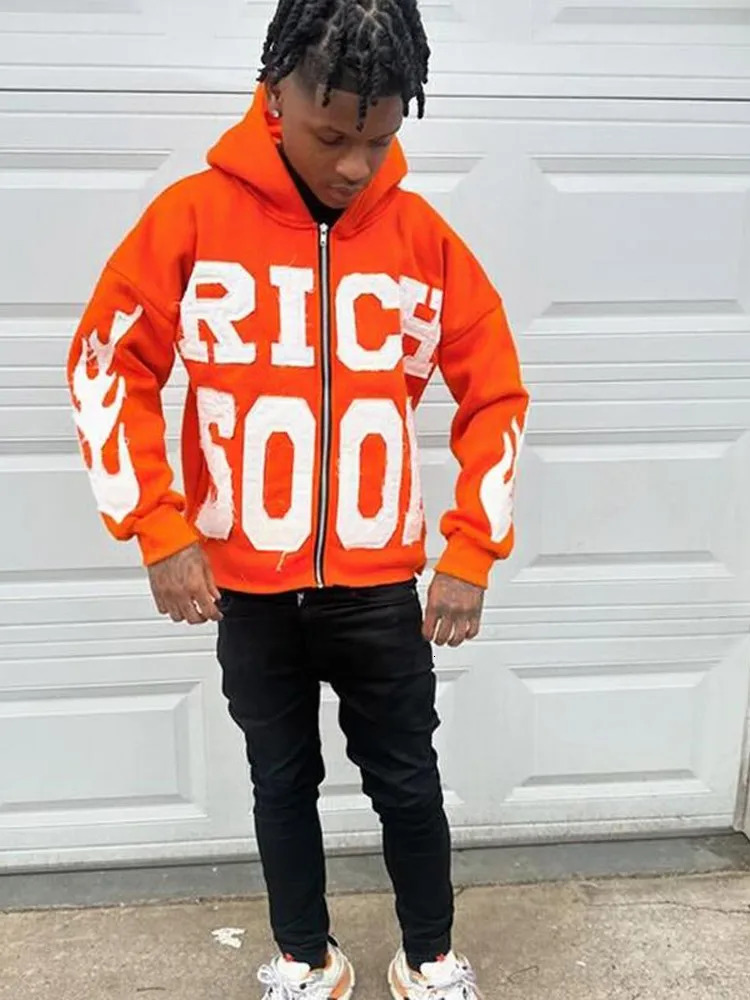 Street Rich Soon Printed Hoodie Male Fashion Y2k Long Sleeve Zipper Hooded Sweatshirt 2024 Autumn Pocket Loose Jacket Coat 241202