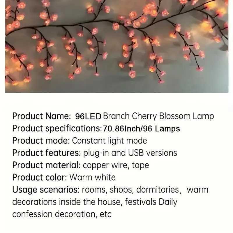 USB Powered Cherry Blossom Branch Lights 8 Modes 96LEDs String Lights for Living Room Bedroom Wedding Christmas Holiday Decor Z241203