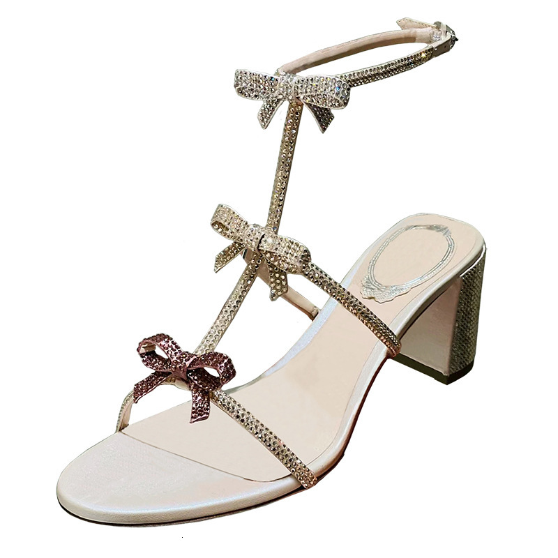 2024 Summer New RC Same Style Straw High Heels, Color Contrasting Water Diamond Butterfly Dew Toe Sandals, Women's Coarse Heels