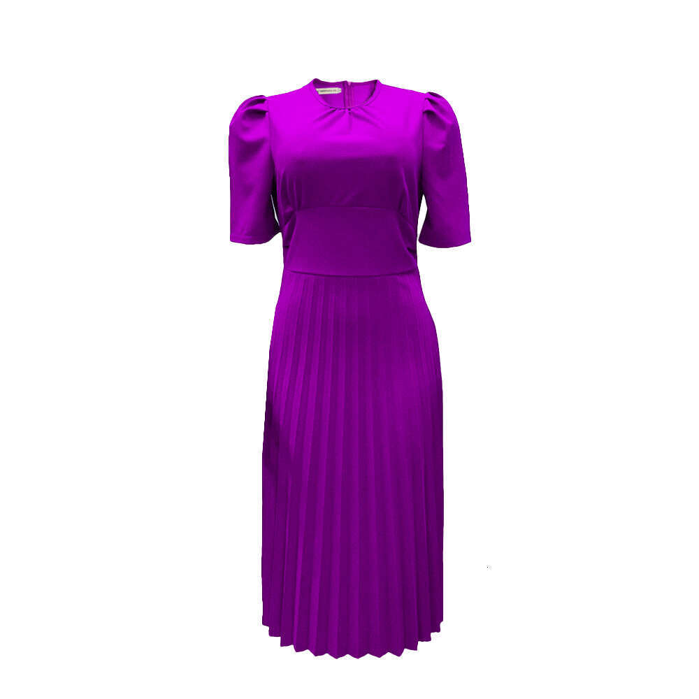 D2022024 Summer New Short Sleeve Pleated Solid Color Large Dress