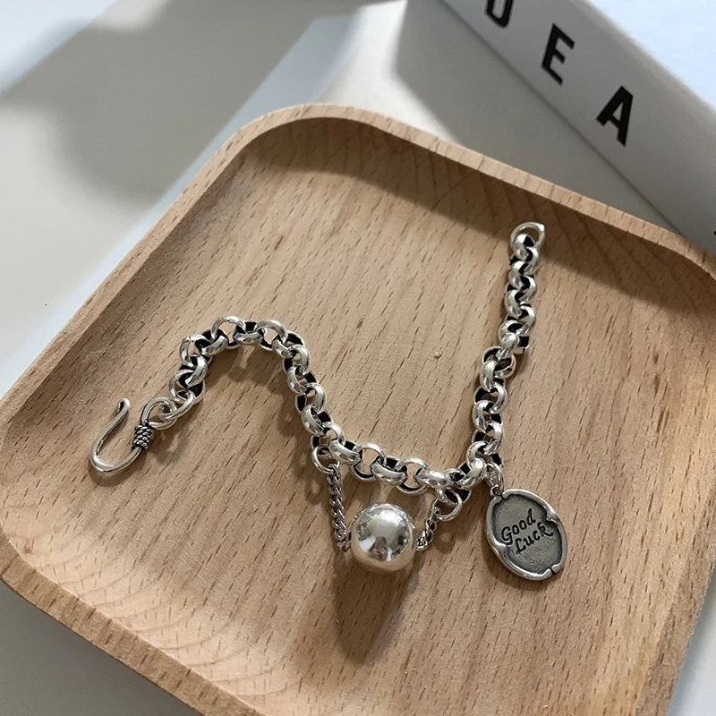 925 Sterling Silver Ball Pendant Tag Charms Bracelet for Women Vintage Thick Chain Hip Hop Bracelet Jewelry 241203