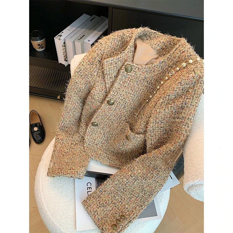 Vintage Tweed Jacket Women Elegant Cropped Coat Korean Long Sleeve Outerwear Fall Winter Ladies Single Breasted Chic Blazer 241202