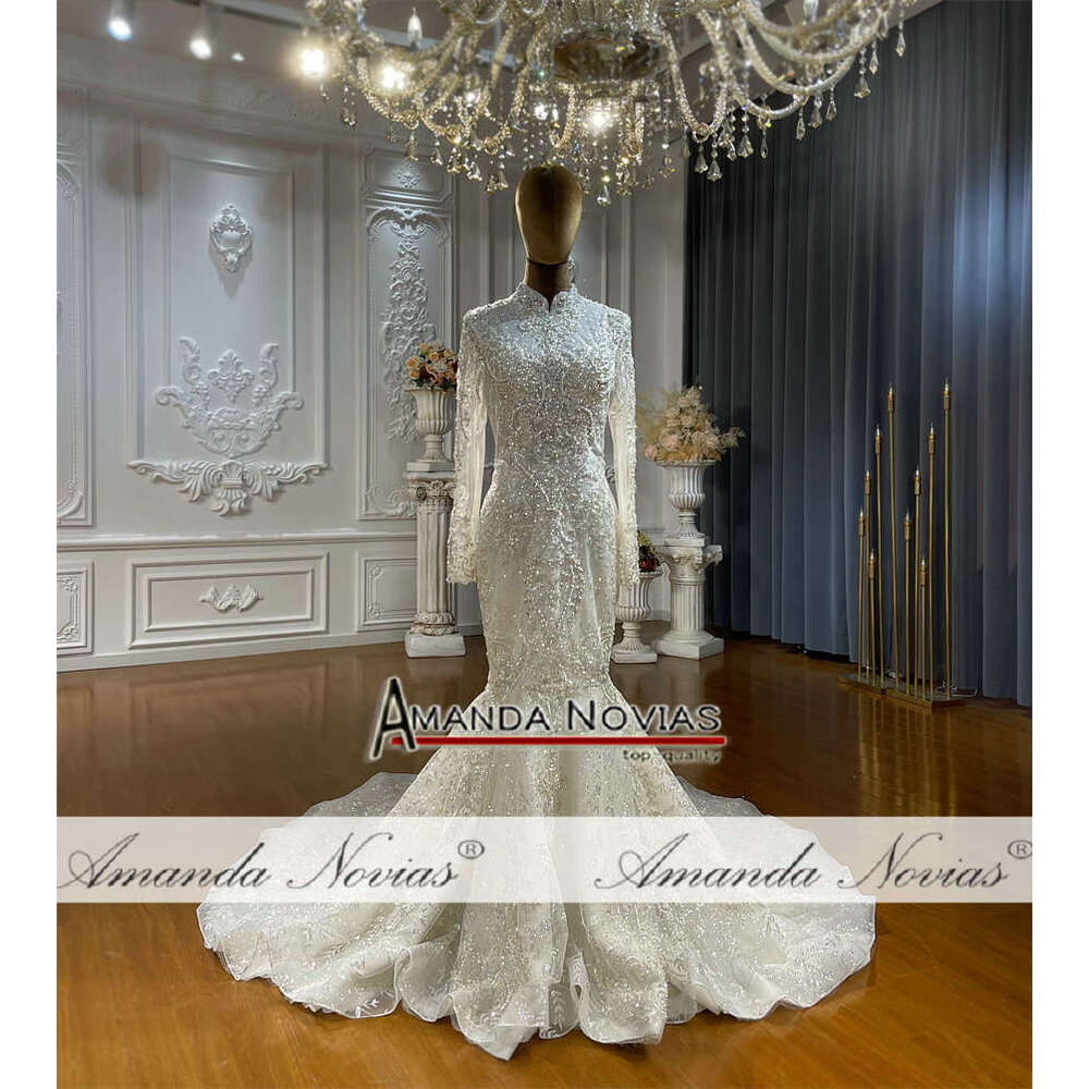 Customized High Neck Full Lace Cover 2 in 1 Wedding Dress Muslim