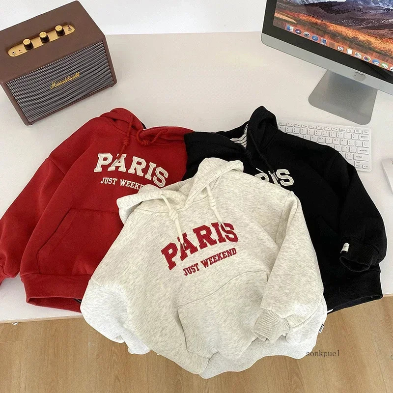 Winter Kids Fleece Thicken Hoodie Boys Long Sleeve Hooded Sweatshirts Young Children Clothing Autumn Girls Warm Letter Hoody 241202