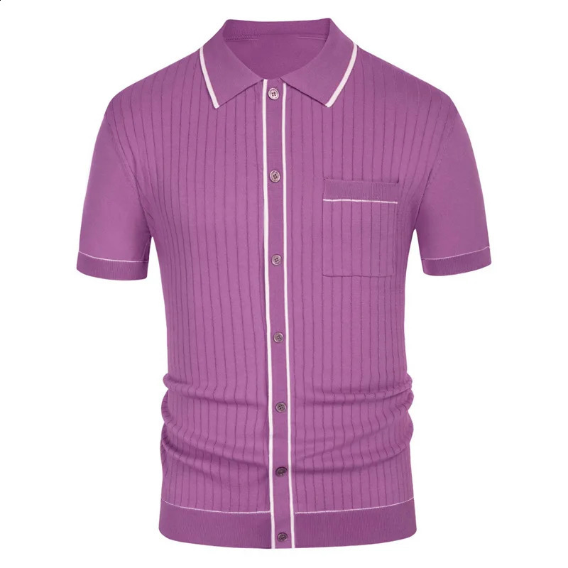 Mens clothing knitted polo shirt casual striped button solid color short sleeved mens breathable M-3XL T-shirt 241203