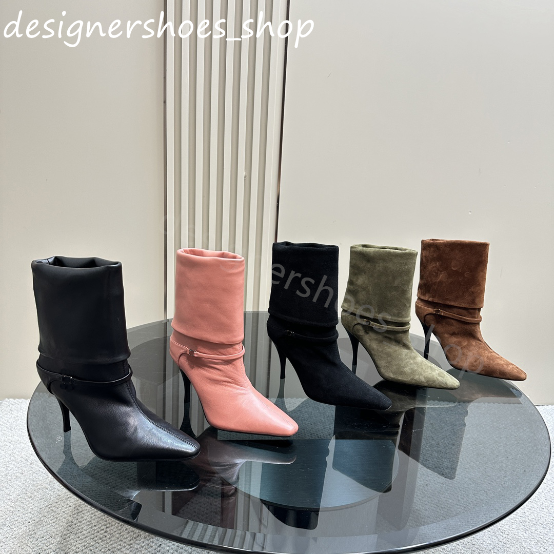 TOP Suede Ankle Fashion Boots Fur on Leather Pointed Toe Stiletto Heels Slip-On Ankle boots Cone Heel Boots Women's Luxury Designer shoes Size 35-41 with Box