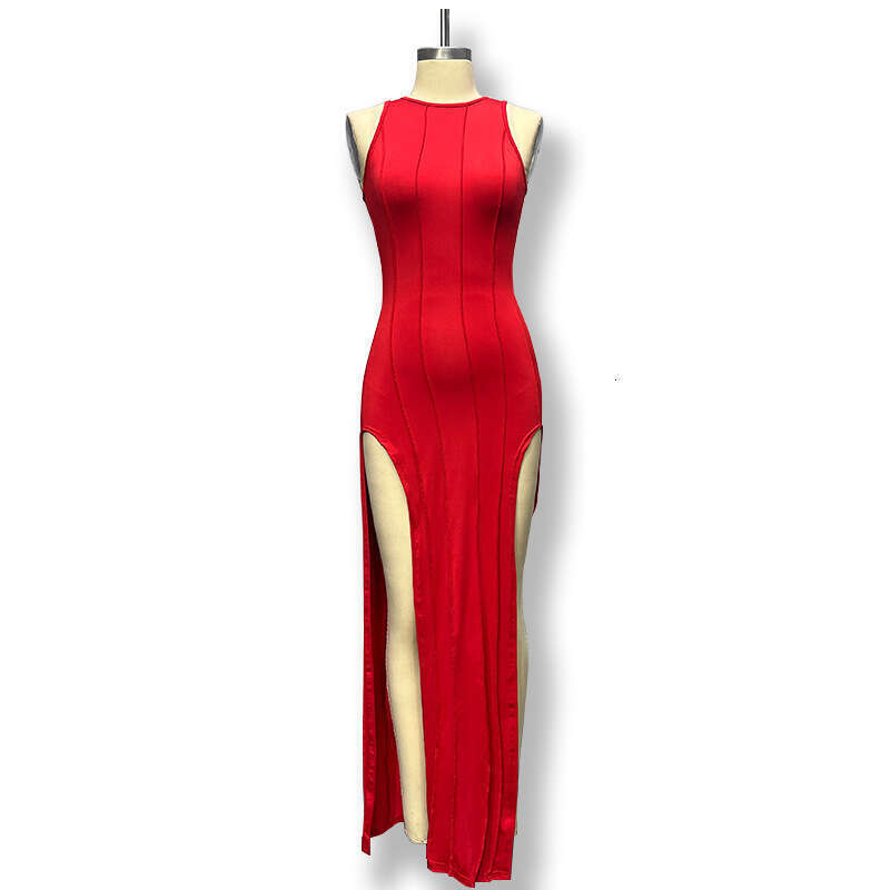 2024 autumn solid color round neck sleeveless long skirt with high slit and sexy slim fit dress