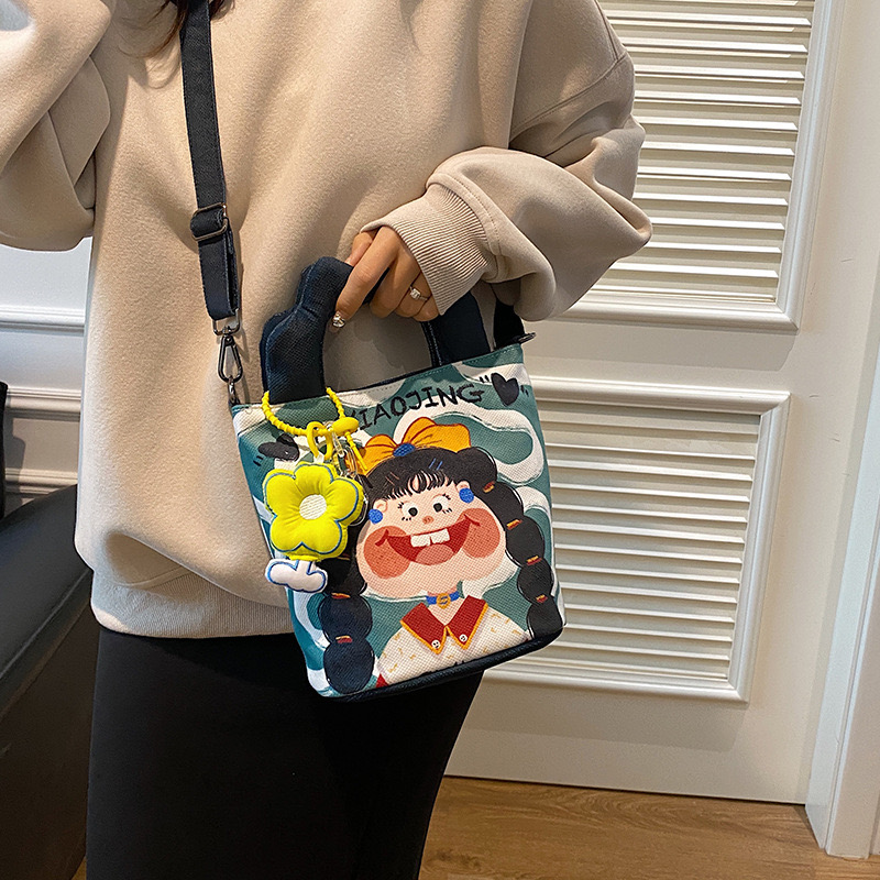 Small niche design New illustration for women 2024 new trendy print personality funny shoulder cute bucket crossbody bag