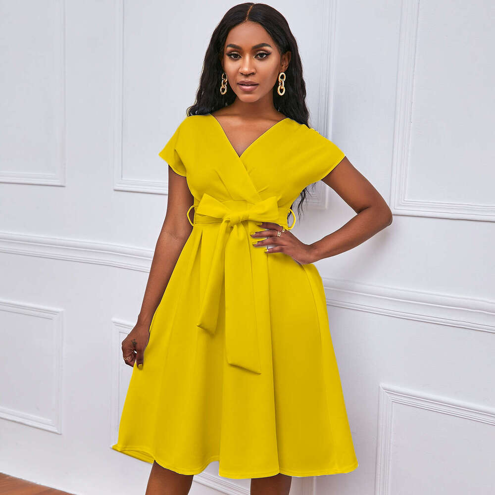 Summer V-neck solid color waistband bow tie large hem formal dress