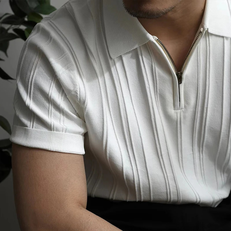 Mens casual zipper polo shirt solid color texture lapel breathable retro street light Korean pop Knitwear M-3XL 241203