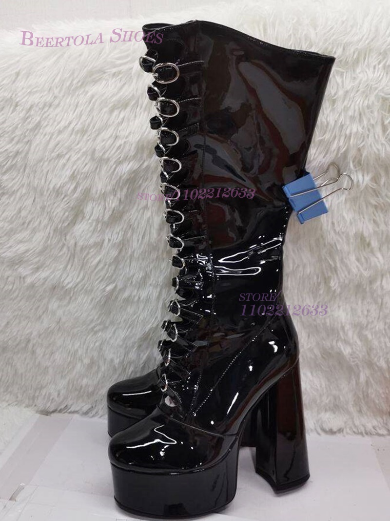 Pole Girls Bright Black Leather Pink Satin Platform Buckle Boots Sexy Hollow Chunky Heel Bg Purple Straps Elegant Zipper Shoe