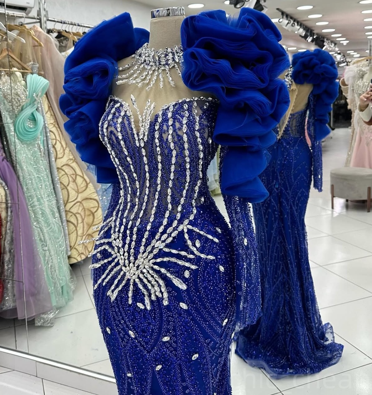 Royal Blue Mermaid Prom Dresses 2024 Rhinestones Full Sleeves Lace Evening Formal Party Second Birthday Engagement Gowns Plus Size Dress For Special O