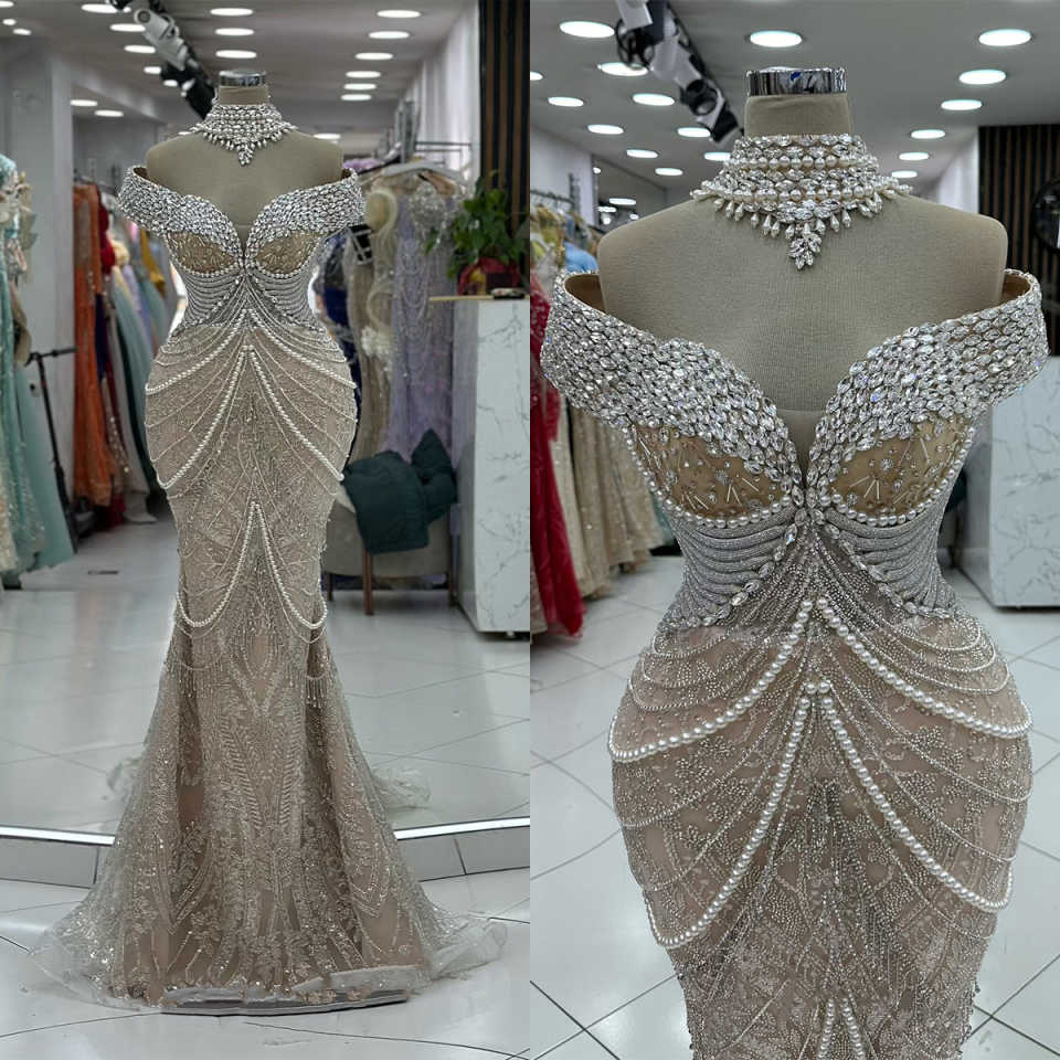 Exquisite Evening Dresses For Women Off Shoulder Sweetheart Neck Gown Sequins Pearls Sweep Train Customized Dress Party Prom