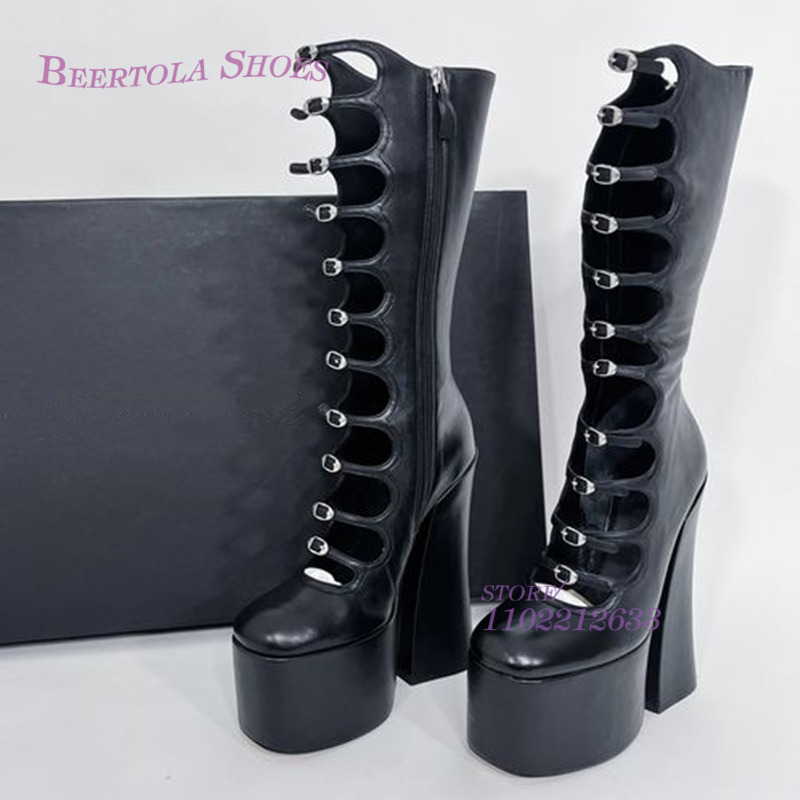 Pole Girls Bright Black Leather Pink Satin Platform Buckle Boots Sexy Hollow Chunky Heel Bg Purple Straps Elegant Zipper Shoe