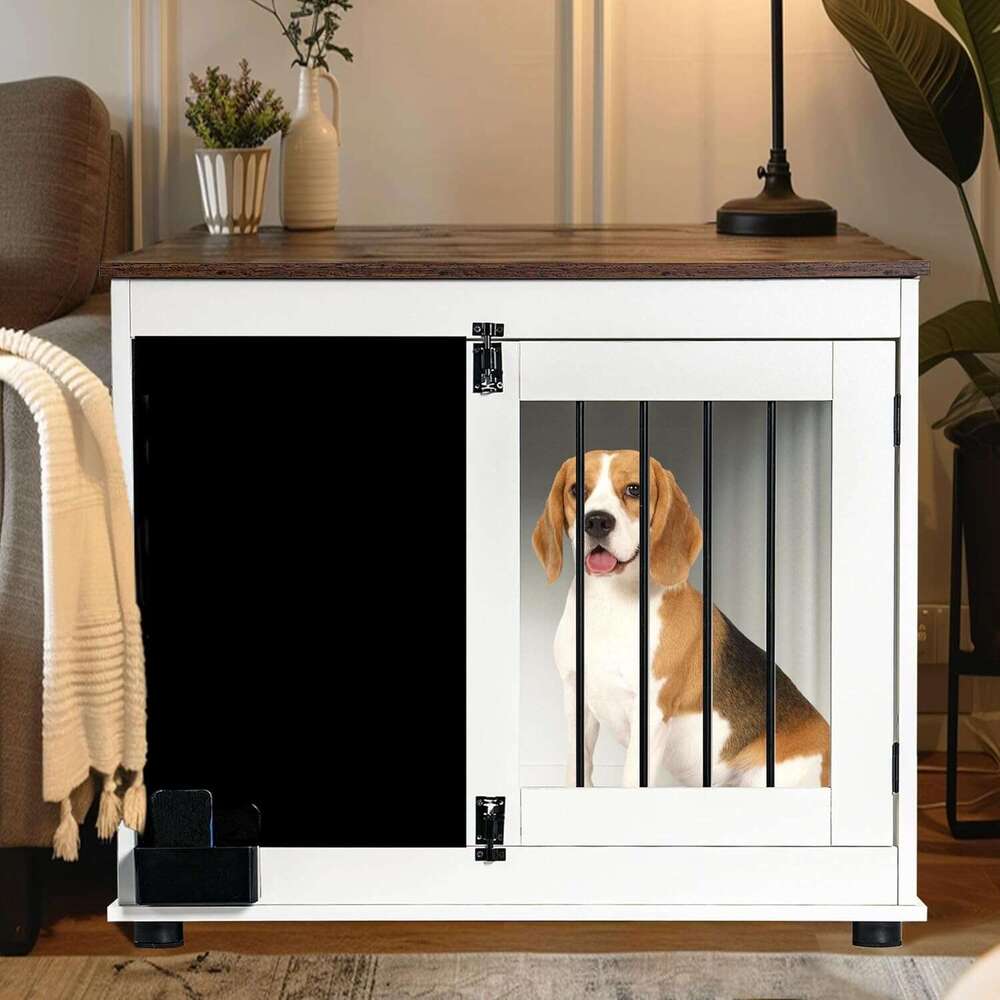 US STOCK DEJUUAN Wood with Graffiti Board Double Doors and Chewable Indoor Dog Crate for Be Used as TV Display Stand, Side Table, White