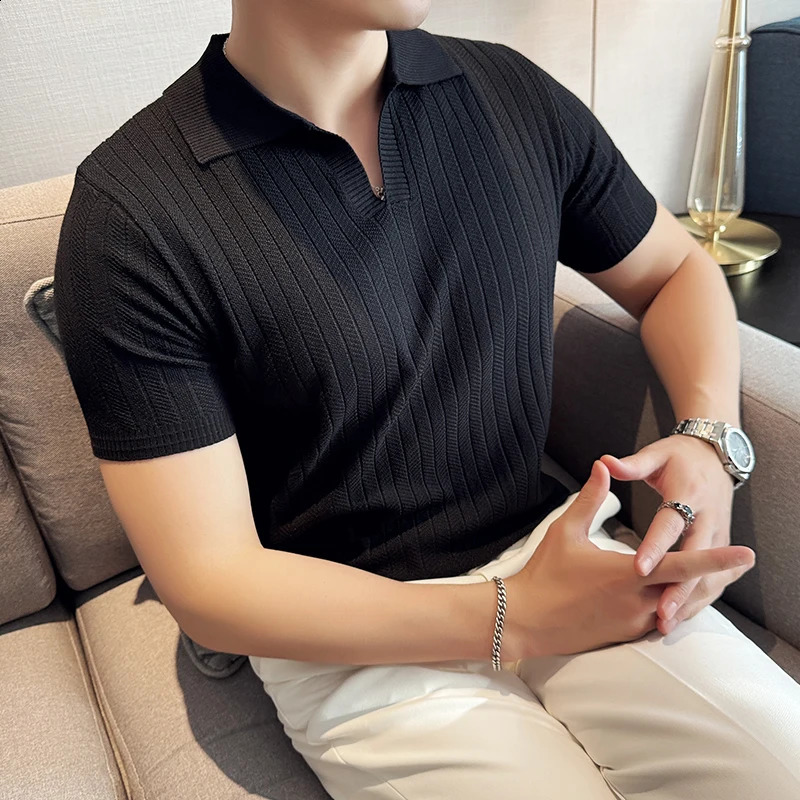Mens striped polo shirt summer lightweight breathable solid casual elastic slim fit short sleeved V-neck T-shirt mens clothing 241203