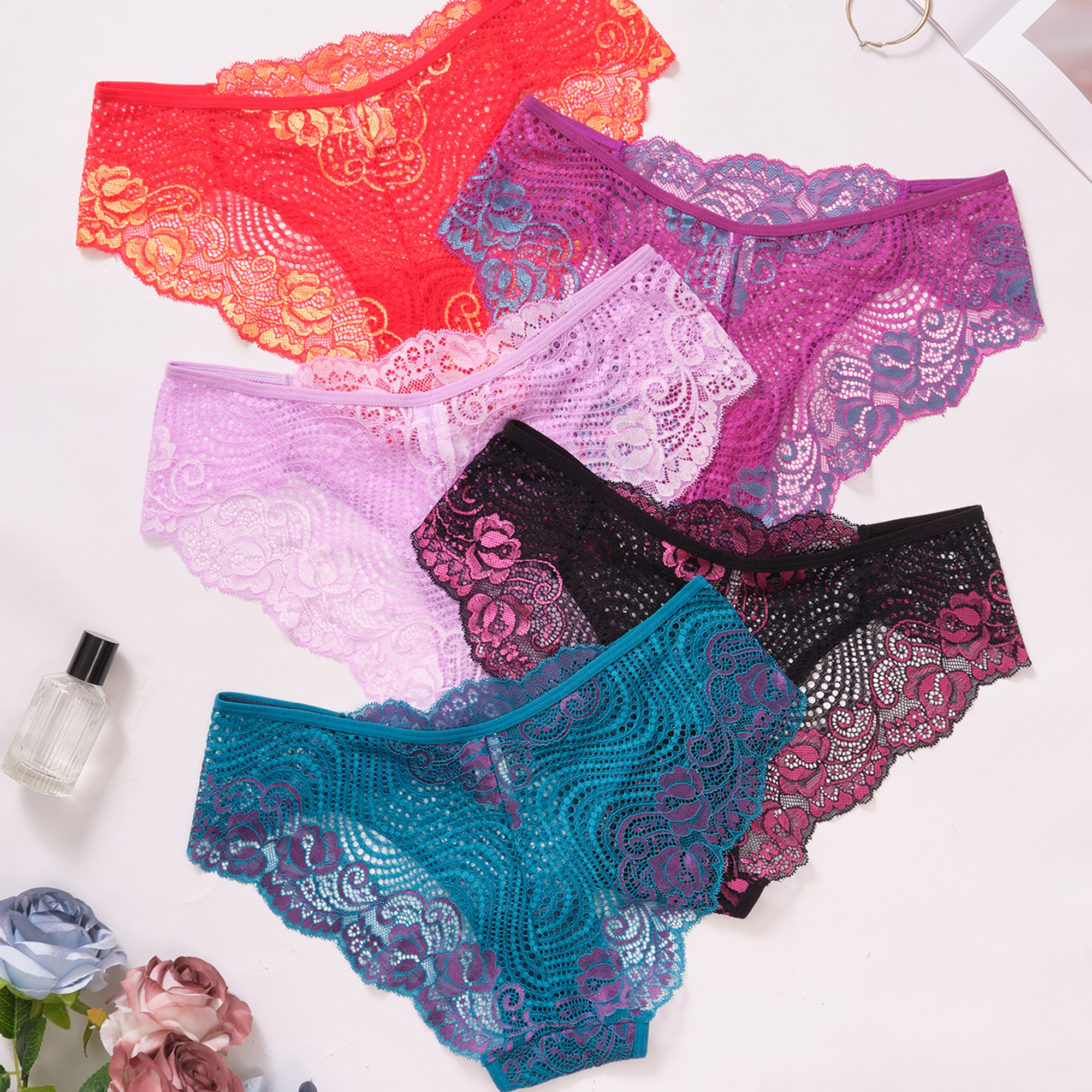 5 Pack Lace Underwear for Women Sexy Cheeky Panties Seamless Women's Underwear Hipster Ladies No Show Breathable Bikini