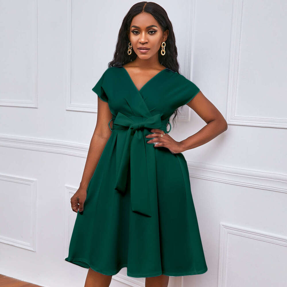 Summer V-neck solid color waistband bow tie large hem formal dress