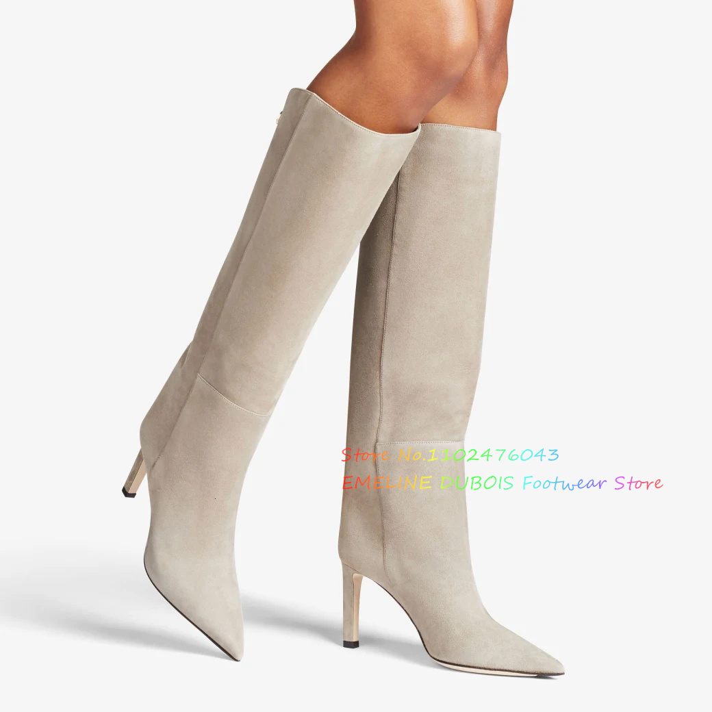 Suede Knee High Boots Pointy Toe Straight Tube Back Double Button Design Slipper On Stiletto Heel Winter Long Boot