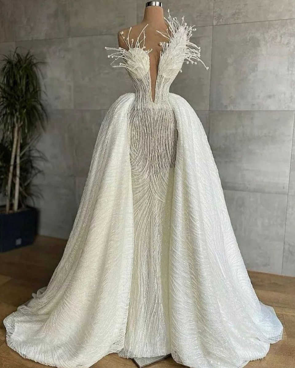 Gorgeous Mermaid Wedding Dresses For Women Sweetheart Neck Sleeveless Bridal Gown Pearls Detachable Train Customized Dress vestidos de novia